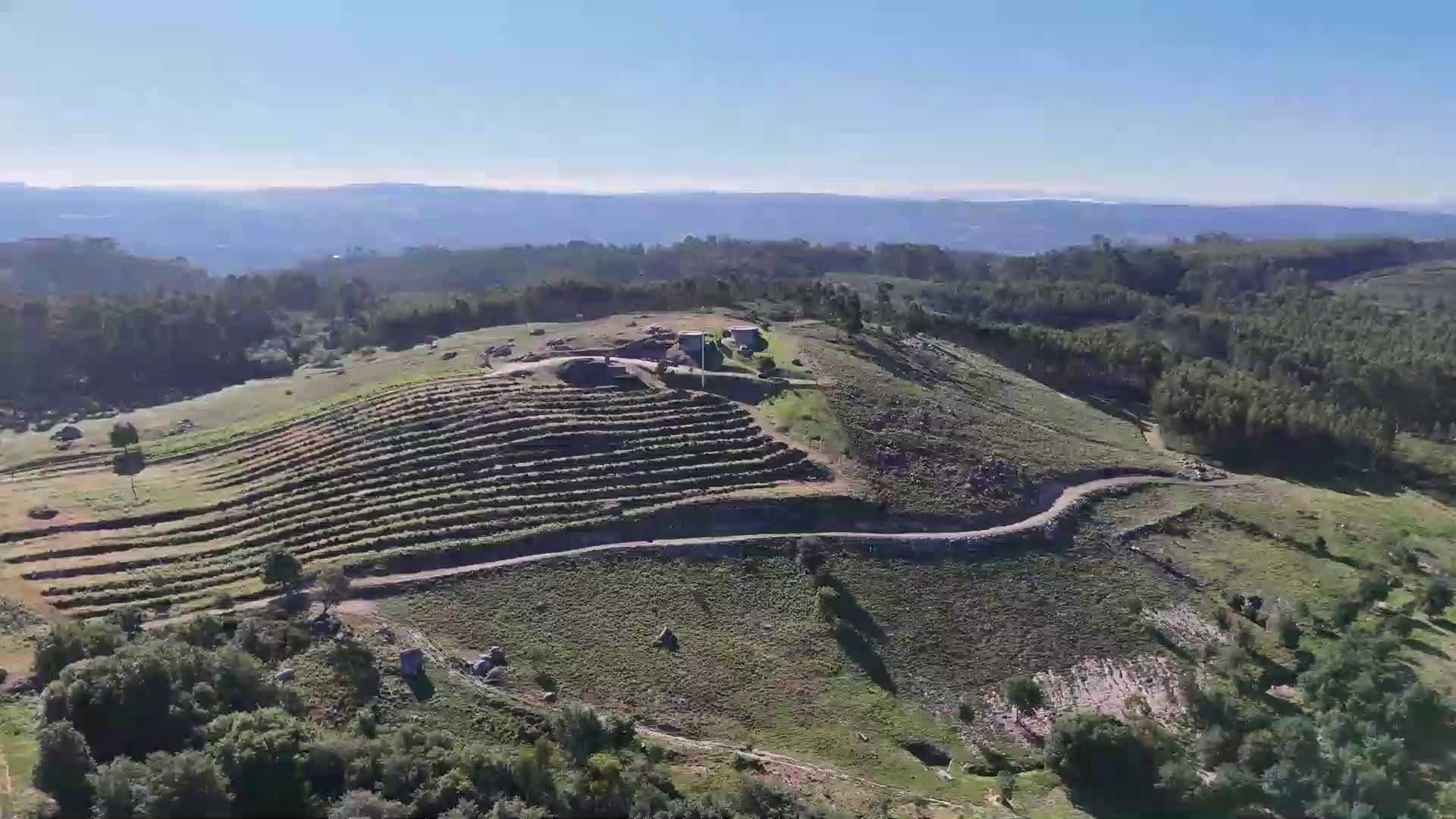 Aerial view of a terraced slope with a path and new planting